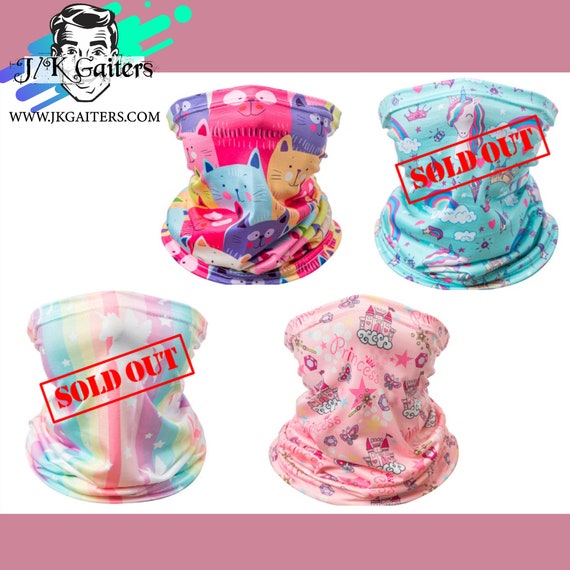 Child Size - Neck Gaiter, Head Band, Breathable Face Mask, Sun Dust Protection, Lightweight Multi-function, Washable, Seamless - Girl Design
