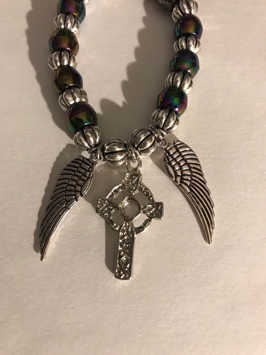 Cross and Angel Wings Bracelet 4 Bead Bracelet Cross Charm Etsy