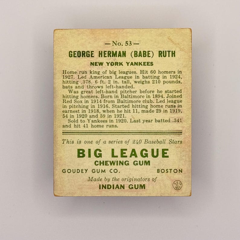 Babe Ruth Stat Card Babe Ruth 1933 Goudey Design • Aged Reprint Novelty Card Display Set - Etsy