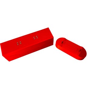 May include: Two red skateboard decks, one rectangular and one rounded, are displayed against a white background. Each deck has four silver-colored hardware pieces. The decks are a vibrant, solid red color.