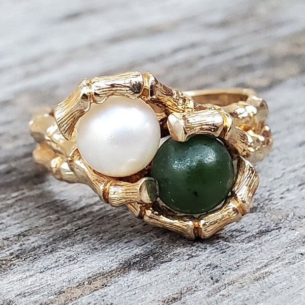 Vintage 10K Pearl and Jade Bamboo Setting Ring