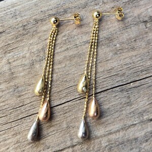 14K Tri-Color Gold Teardrop Dangle Drop Earrings