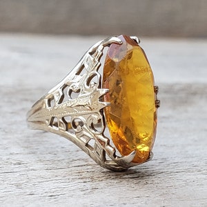 10K Art Deco Filigree Citrine White Gold Ring Size 2