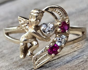 Vintage 10K Cherub & Ruby Diamond Heart Ring