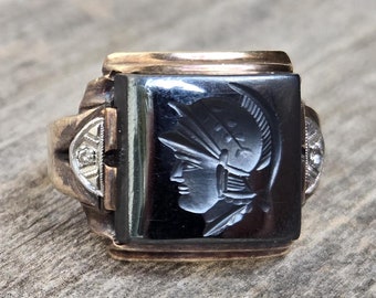 Onyx Gold Ring With Roman Soldier Mid-Century Men's Onyx