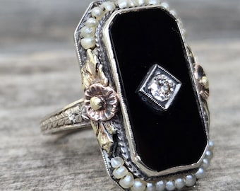 Vintage 14K Black Onyx & Diamond Ring Sz 6 3/4 - Etsy