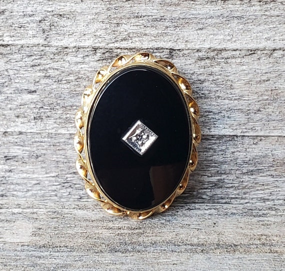 Vintage 14K Black Onyx & Diamond Brooch Pendant - image 2