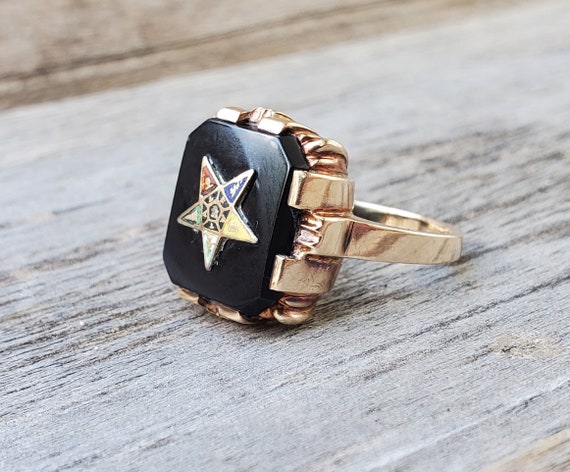 Vintage 10K Eastern Star Black Onyx Masonic Ring - image 1