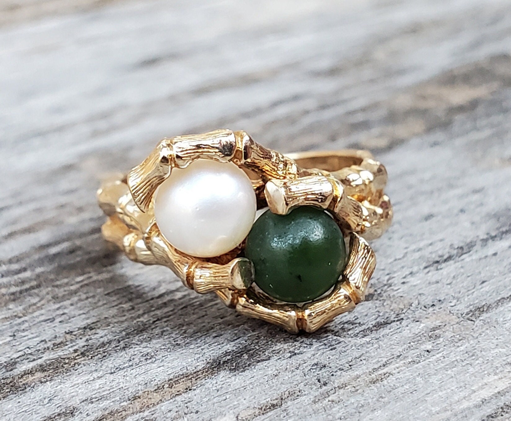 Vintage 10K Pearl and Jade Bamboo Setting Ring Etsy Australia