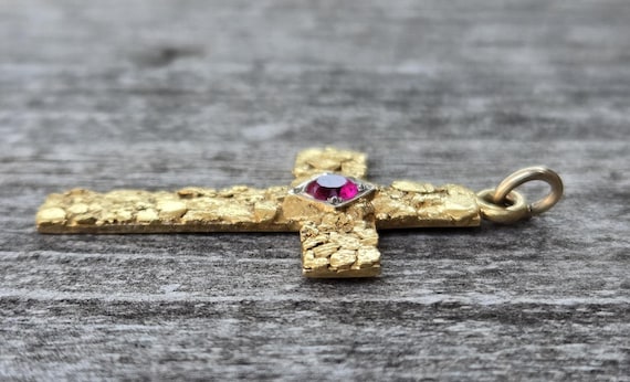 10K Nugget Ruby Cross Pendant - image 3