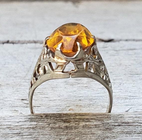 10K Art Deco Filigree Citrine White Gold Ring Siz… - image 5