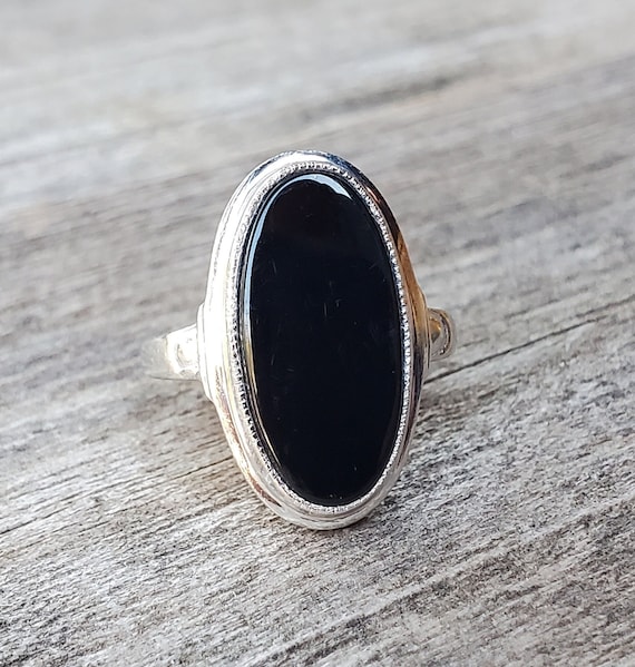 Vintage 10K White Gold Black Onyx Ring - image 1