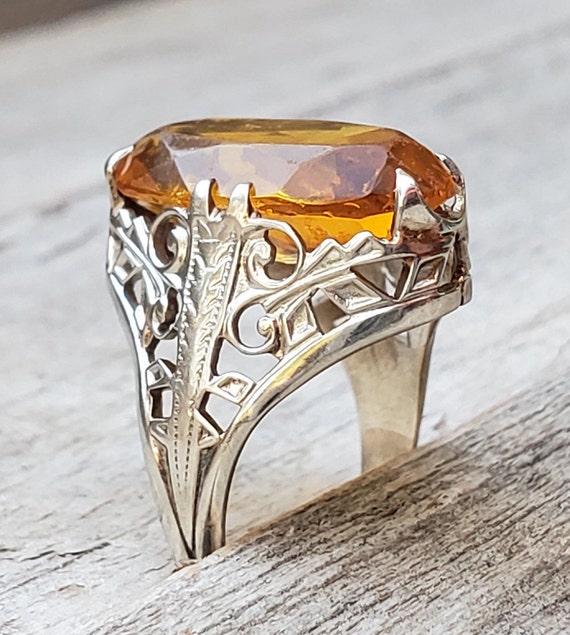 10K Art Deco Filigree Citrine White Gold Ring Siz… - image 2