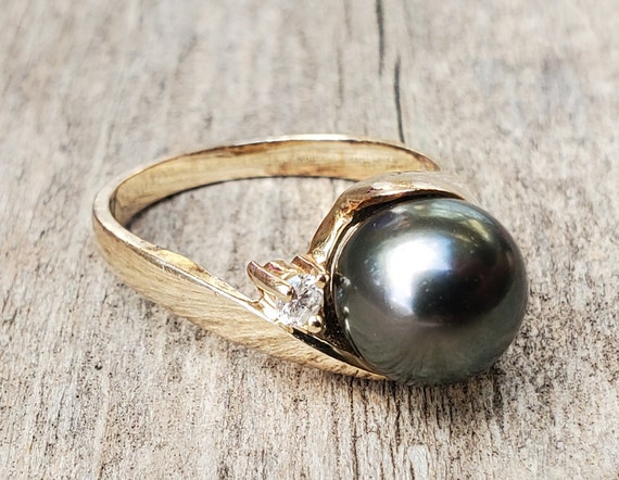 14K Black Pearl Diamond Ring Sz 6 1/2 - image 3