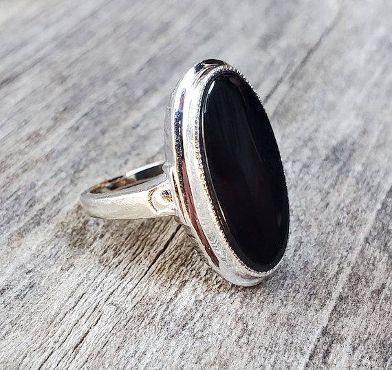 Vintage 10K White Gold Black Onyx Ring - image 3