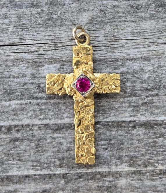 10K Nugget Ruby Cross Pendant - image 1