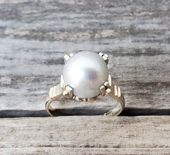 Vintage 14K White Gold Pearl Solitaire Ring - image 5