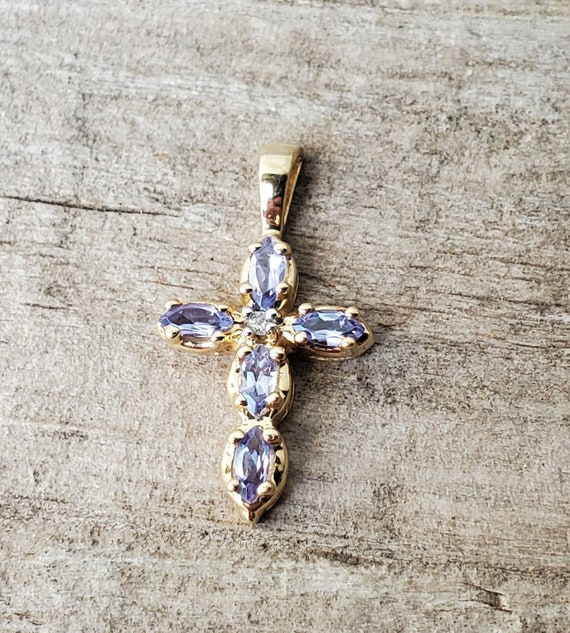 14K Iolite and Diamond Cross Pendant