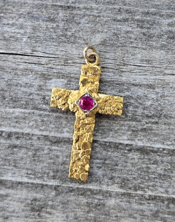 10K Nugget Ruby Cross Pendant - image 4