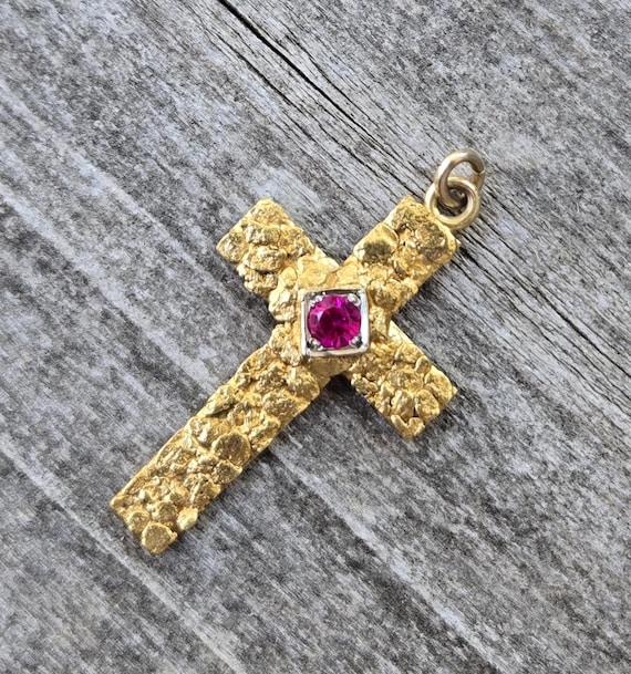 10K Nugget Ruby Cross Pendant - image 2
