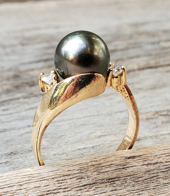 14K Black Pearl Diamond Ring Sz 6 1/2 - image 4