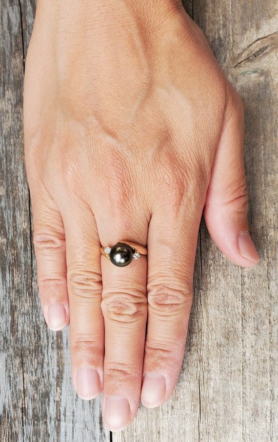 14K Black Pearl Diamond Ring Sz 6 1/2 - image 8