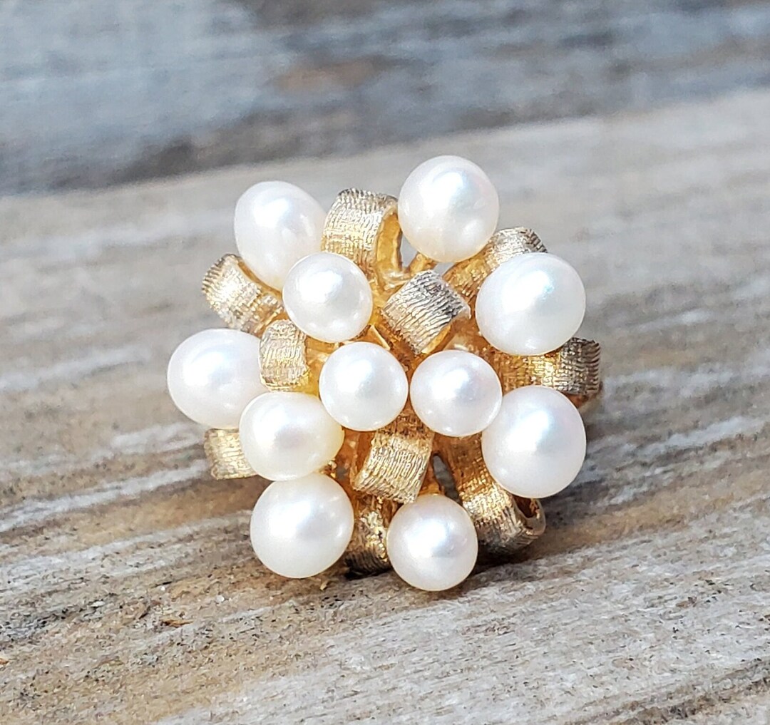 Cluster Ribbons Vintage 10K Pearl Cluster Ribbon Ring - Etsy