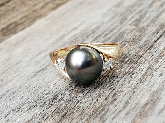 14K Black Pearl Diamond Ring Sz 6 1/2 - image 1