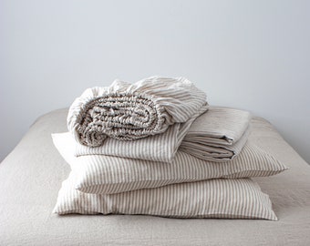 Striped Linen Sheet Set - Includes 1 Fitted Sheet, 1 Flat Sheet and 2 Pillow Cases - Linen Bed Set