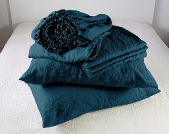 Linen Sheet Set - Teal Includes 1 Fitted Sheet, 1 Flat Sheet and 2 Pillow Cases - Linen Bed Set - Sage Linen Bedding - Sage Bed Set