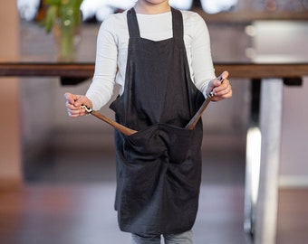 Kids Linen Apron - Unisex Washed Linen Apron - Linen Cross Back Apron - Full Apron with Pocket - Pinafore Linen Apron - Cooking Apron