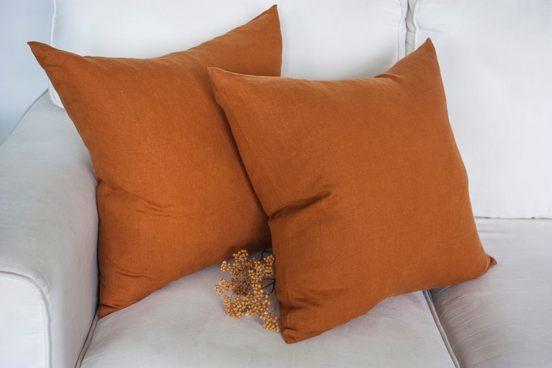 May include: Two rust-coloured linen throw pillows on a white sofa.