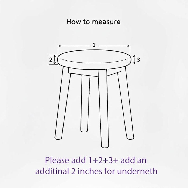 May include: Line drawing of a round stool with four legs, illustrating how to measure it. The text "How to measure" is at the top. The text at the bottom says, "Please add 1+2+3+ add an additional 2 inches for underneath."