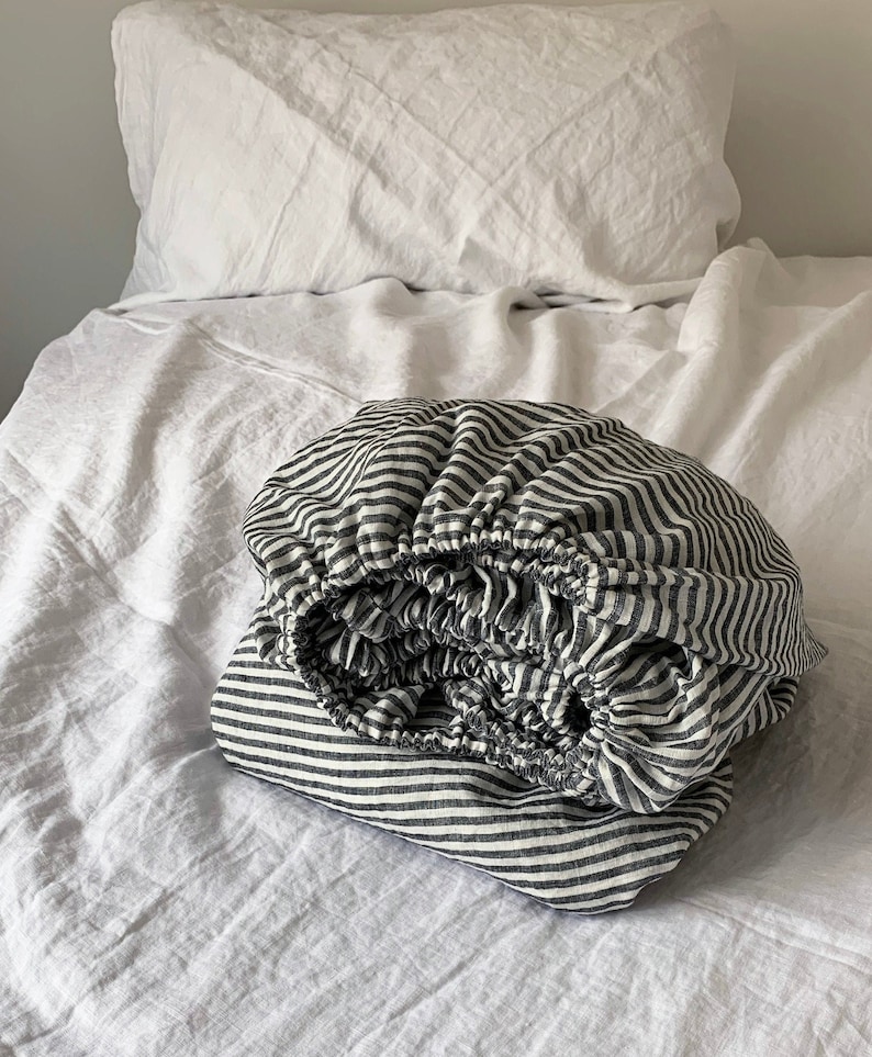 Striped Linen Fitted Sheet Linen Bedding Linen Sheet Etsy Canada