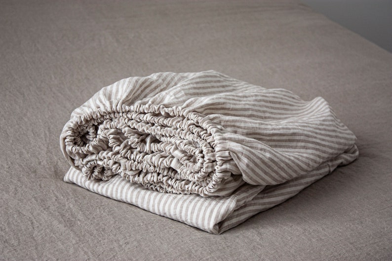Striped Linen Fitted Sheet - Linen Bedding - Linen Sheet - Queen Fitted Sheet - Fitted Sheet - Linen Sheets - Sheet - Linen Fitted Sheet image 1