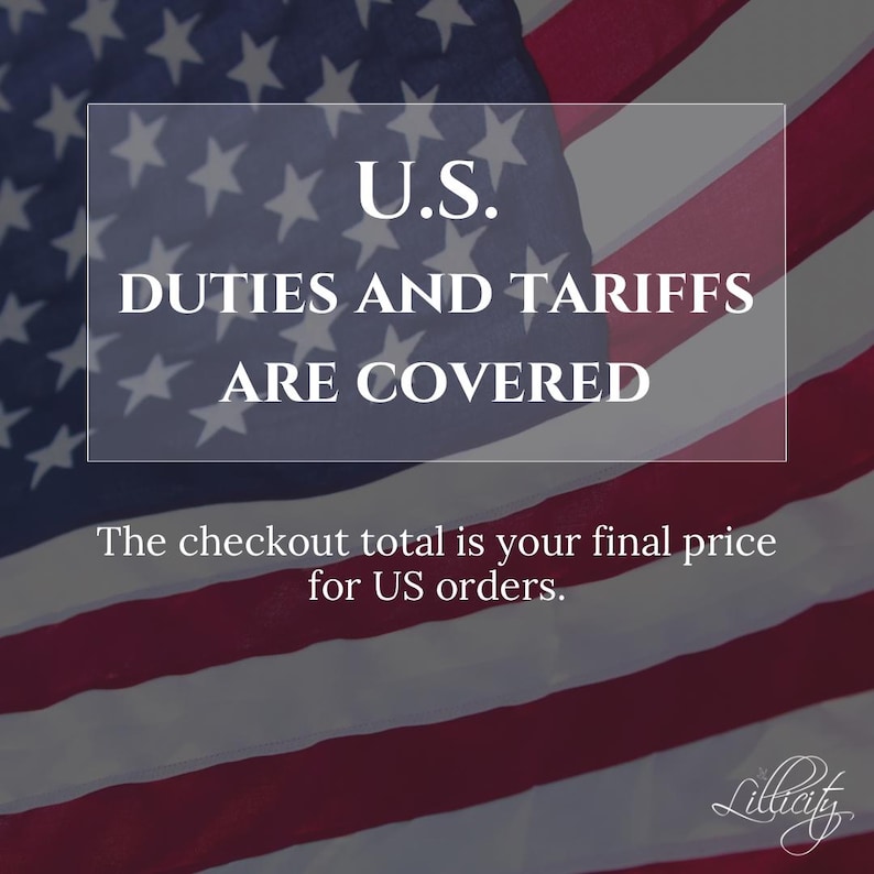 May include: Image of the American flag with text that reads "U.S. DUTIES AND TARIFFS ARE COVERED." Below, it states "The checkout total is your final price for US orders."