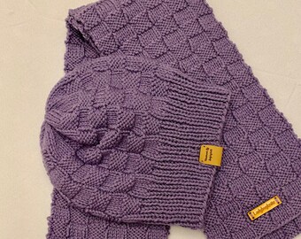 Lavender Knit Scarf and Hat Set: Handmade Basketweave Pattern, Fall Winter Knit Wear