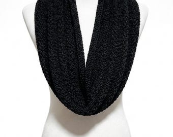 Black Hand Knit Infinity Loop Scarf, Handmade Cowl, Cozy Textured Neck Warmer, Fall & Winter Scarf