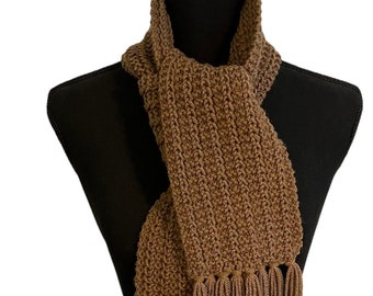 Cafe Latte Hand Knit Scarf with Fringes