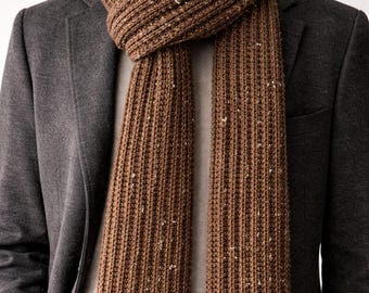 Men's Chocolate Tweed Knit Scarf: Textured Ribbed Long Fall Winter Scarf