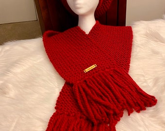 Cranberry Chunky Knit Hat and Scarf Set, Wool Blend, Cozy, Soft, Winter Fall