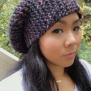 Handmade Chunky Knit Slouchy Hat: Blackstone Wool Blend Winter Beanie