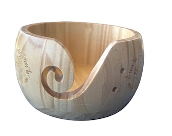 Engraved Roses Handcrafted Wood Yarn Bowl, 5.9”x3.15”
