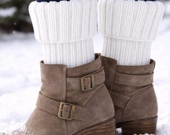 White Ribbed Knit Boot Cuffs – Cozy Leg Warmers, Winter Fashion Accessory