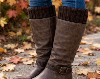 Coffee Hand Knit Ribbed Boot Cuffs, Cozy Leg Warmers, Fall Winter Fashion Accessory