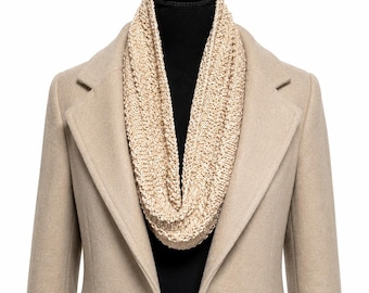 Oatmeal Hand Knit Infinity Loop Scarf, Handmade Textured Cowl, Cozy Neck Warmer, Fall Winter Scarf