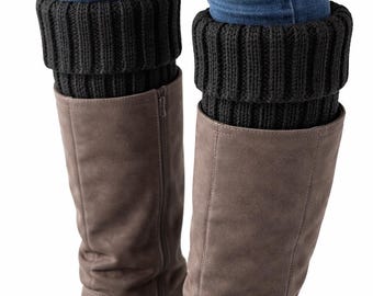 Hand Knit Black Ribbed Boot Cuffs – Cozy Winter Boot Accessories, Leg Warmers