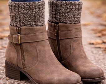 Hand Knit Boot Cuffs – Marble Mocha Ribbed Boot Toppers, Cozy Fall Winter Fashion