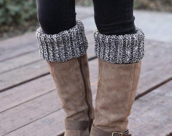 Hand Knit Boot Cuffs – Black Marble Ribbed Toppers
