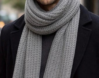 Men's Dusty Gray Knit Scarf: Textured Ribbed Wide Fit Fall Winter Scarf
